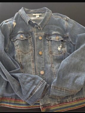 Lane Bryant 22 Denim Jacket with Rainbow 'LOVE' Patch